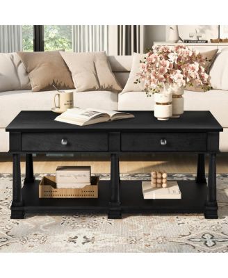 Farmhouse Wooden Coffee Table with 2 Drawers and Shelf