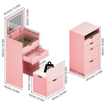 3-in-1 Multifunctional Vanity Desk Set, Flip-Up Mirror, 3-Color Lights, 2 Drawers, Hidden Storage Stool