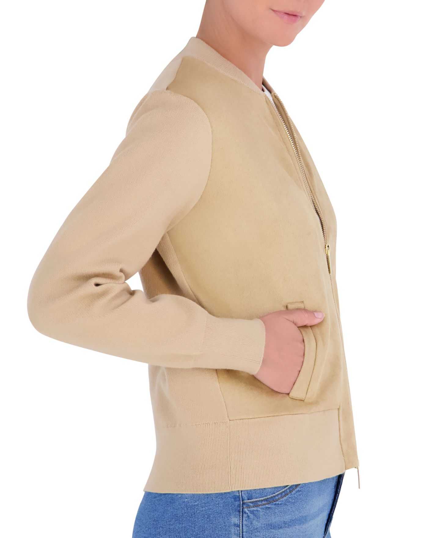 Женская куртка Jones New York Petite Textured Zip-Up Bomber, цвет: Натуральный верблюжий клетчатый — фото 3