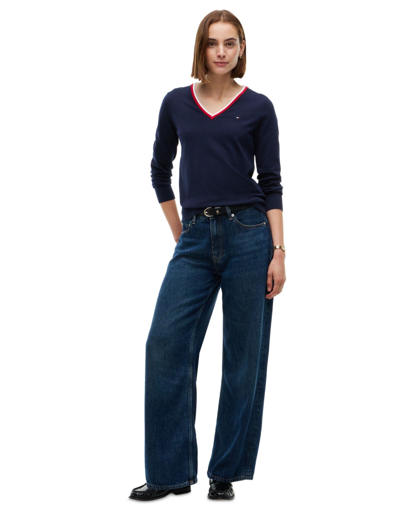 Женский свитер Tommy Hilfiger V-Neck Long-Sleeve, цвет: Тёмный синий — фото 2