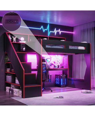 Full Size Gaming Loft Bed with Stairs, Desk, LED Lights and USB