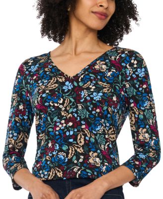 Women's Floral-Print V-Neck 3/4 Sleeve T-Shirt