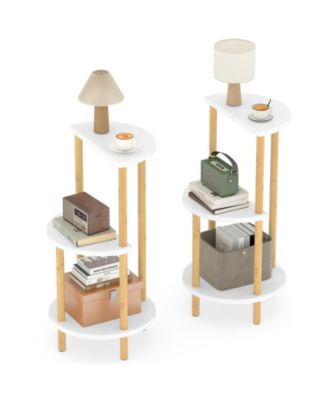 Set of 2 Round Side Table Compact with 3 Tier Shelves and Bamboo Construction