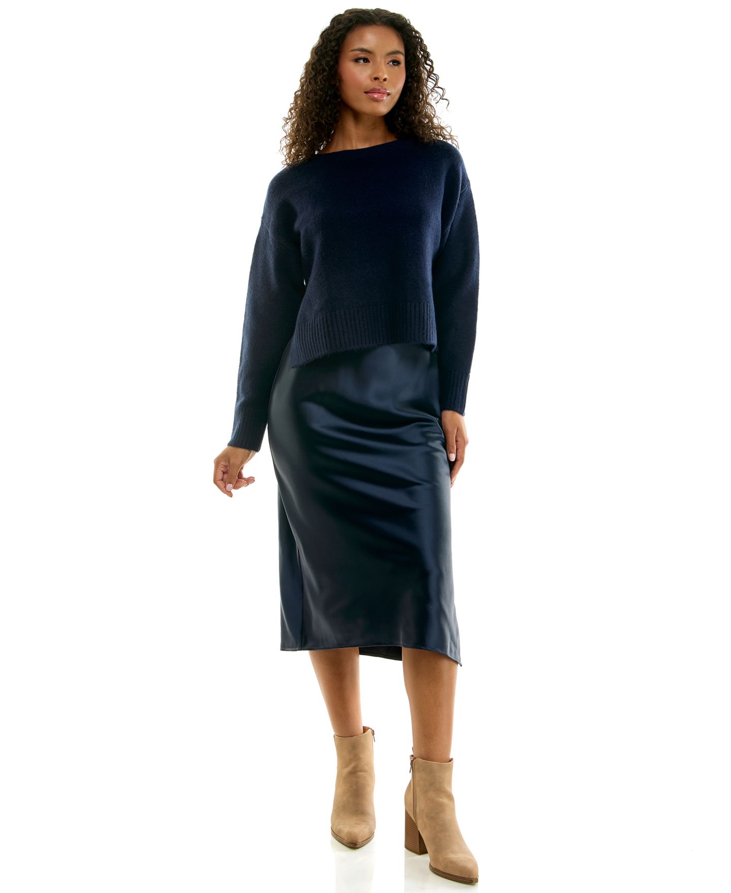 INVITEE Juniors' 2-Piece Satin Midi Slip & Pullover Sweater Set, цвет: Тёмно-синий — фото 2
