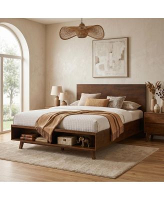 Walnut King Platform Bed Frame with Footboard Storage Space