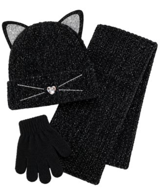 Girls' Cat Ribbed-Cuff Hat, Scarf, and Gloves, 3-Piece Set