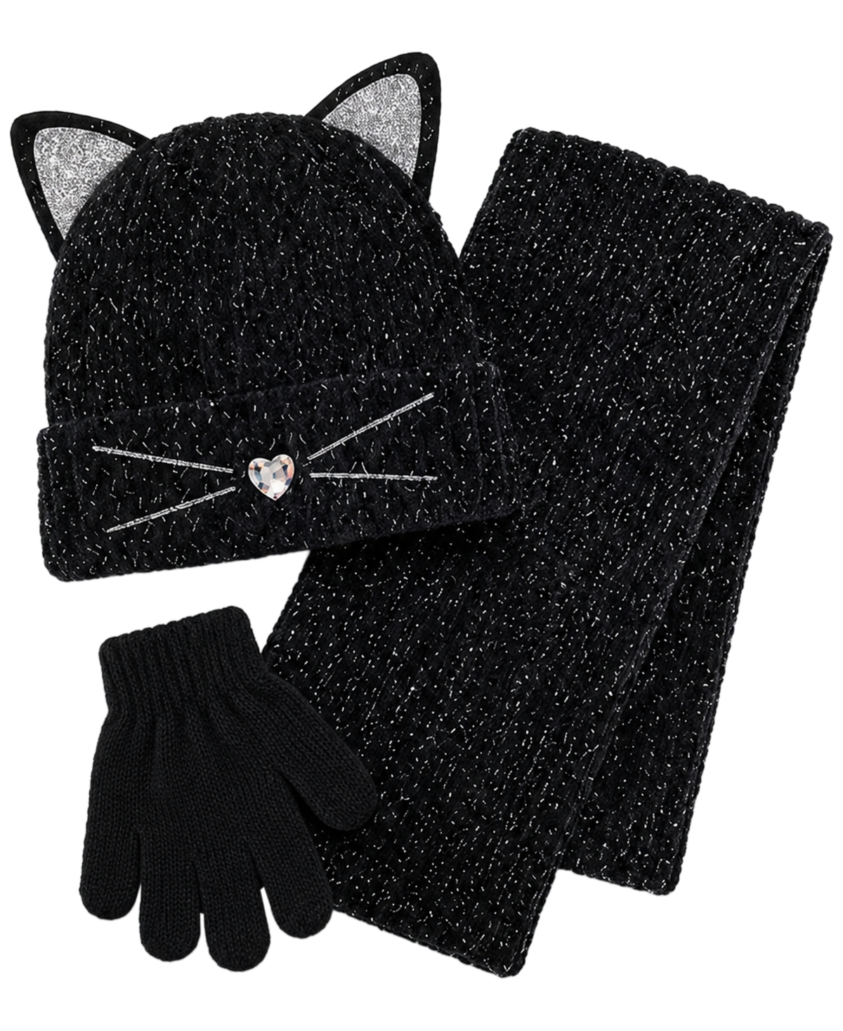 Rainbow Sugar Girls' Cat Ribbed-Cuff Hat, Scarf, and Gloves, 3-Piece Set