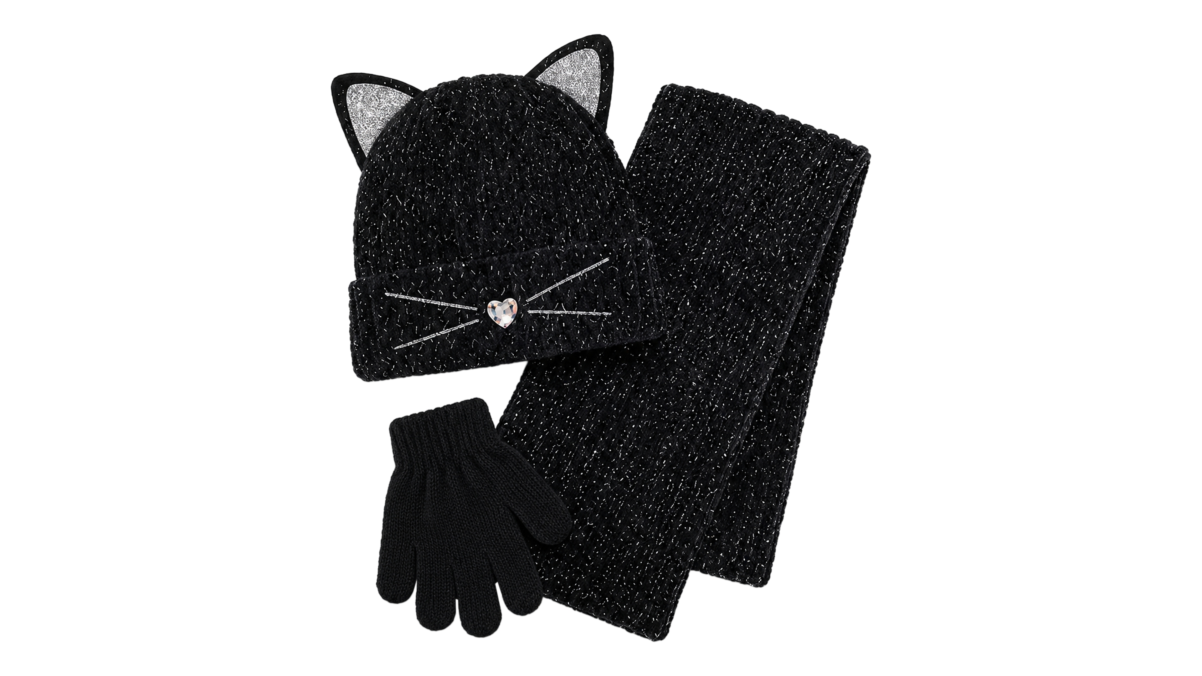 Rainbow Sugar Girls' Cat Ribbed-Cuff Hat, Scarf, and Gloves, 3-Piece Set
