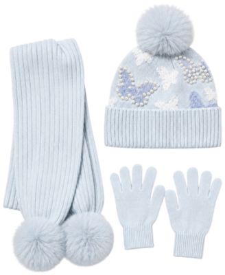 Girls' Butterfly Pom-Pom Ribbed Knit Hat, Scarf and Gloves, 3-Piece Set