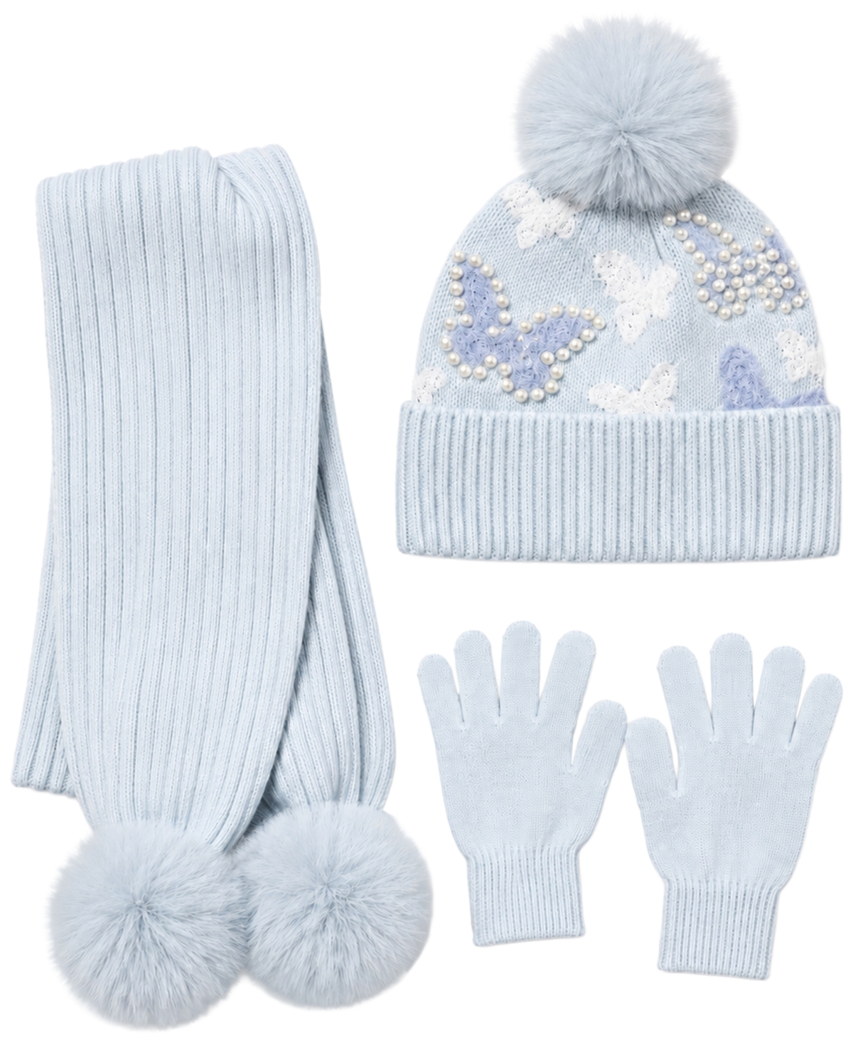 Rainbow Sugar Girls' Butterfly Pom-Pom Ribbed Knit Hat, Scarf and Gloves, 3-Piece Set - Blue