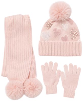 Sweetheart Snuggle Heart Pom-Pom Hat, Scarf and Gloves, 3-Piece Set