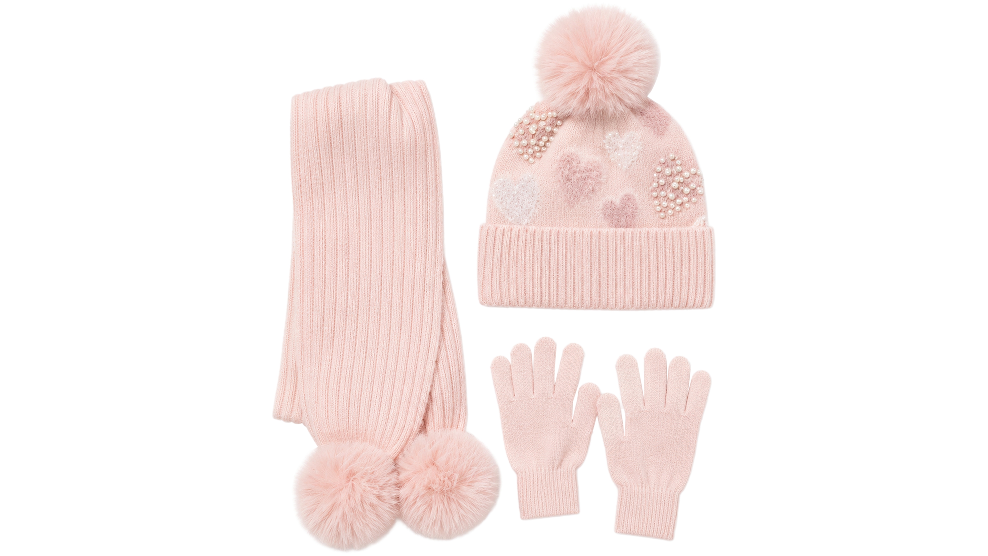 Rainbow Sugar Sweetheart Snuggle Heart Pom-Pom Hat, Scarf and Gloves, 3-Piece Set
