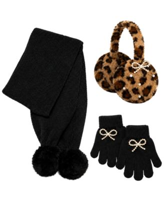 Girls' Leopard Bow Earmuffs, Scarf and Gloves, 3-Piece Set