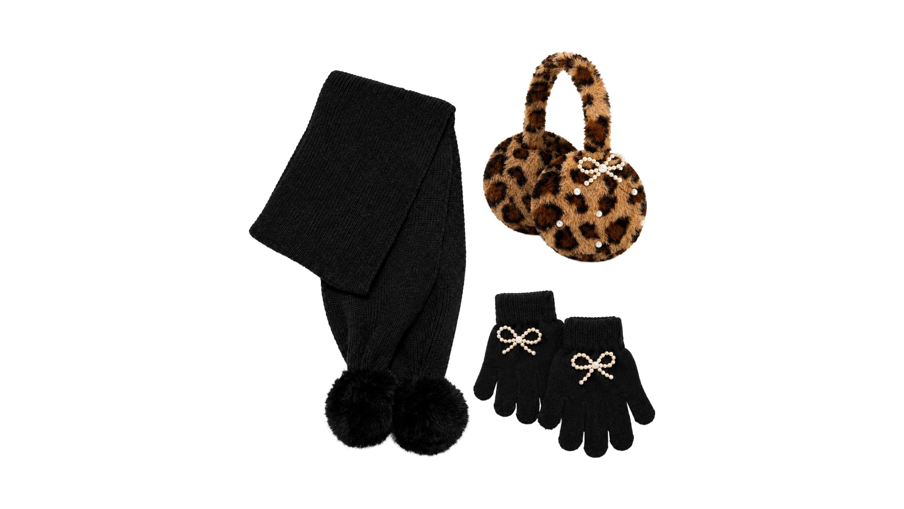 Rainbow Sugar Girls' Leopard Bow Earmuffs, Scarf and Gloves, 3-Piece Set