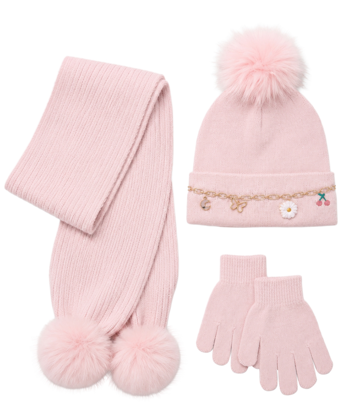 Rainbow Sugar Girls' Icon Chain Ribbed Knit Hat, Scarf and Gloves, 3-Piece Set