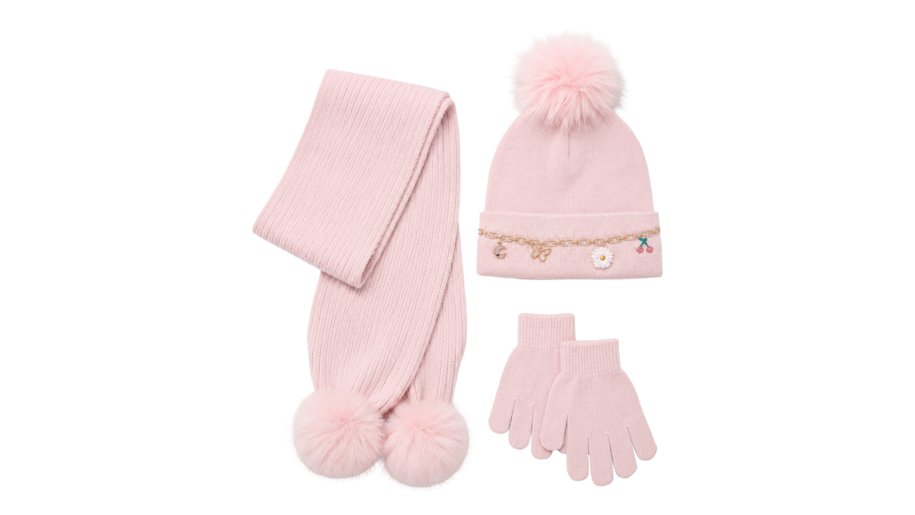 Rainbow Sugar Girls' Icon Chain Ribbed Knit Hat, Scarf and Gloves, 3-Piece Set