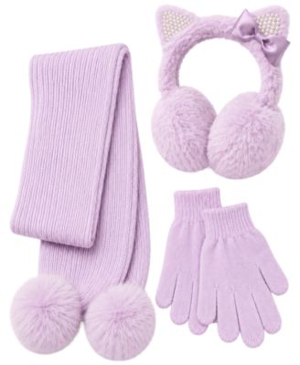 Girls' Kitty Faux-Fur Pom-Pom Earmuffs, Scarf and Gloves, 3-Piece Set