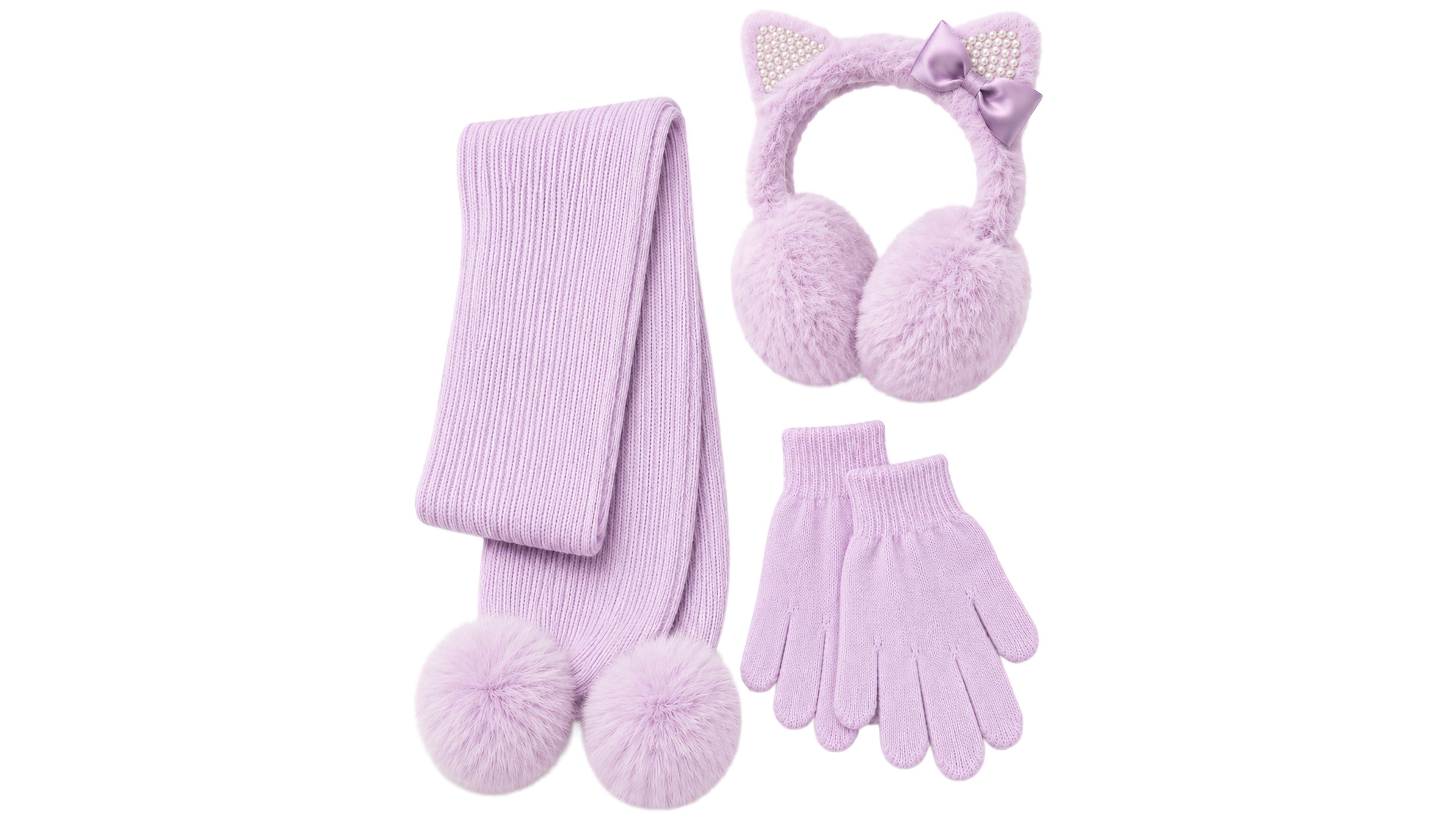 Rainbow Sugar Girls' Kitty Faux-Fur Pom-Pom Earmuffs, Scarf and Gloves, 3-Piece Set