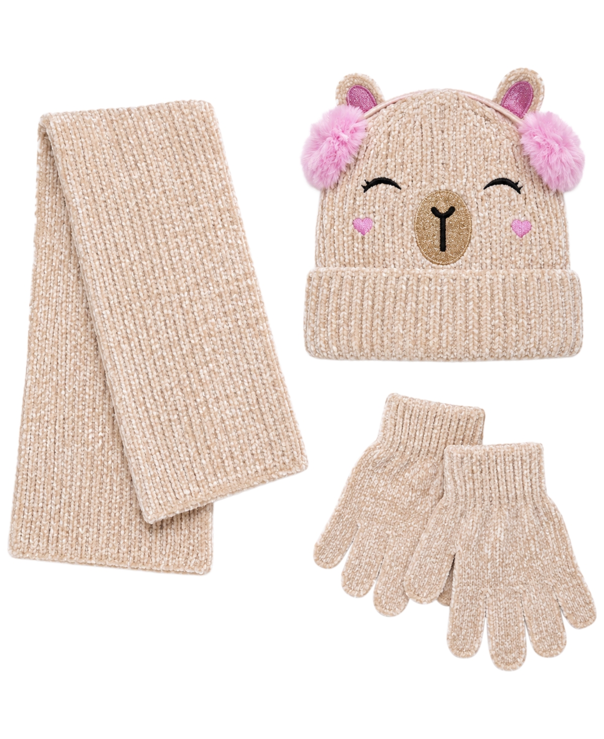 Rainbow Sugar Girls' Capybara Cold Weather Hat, Scarf and Gloves, 3-Piece Set - Tan