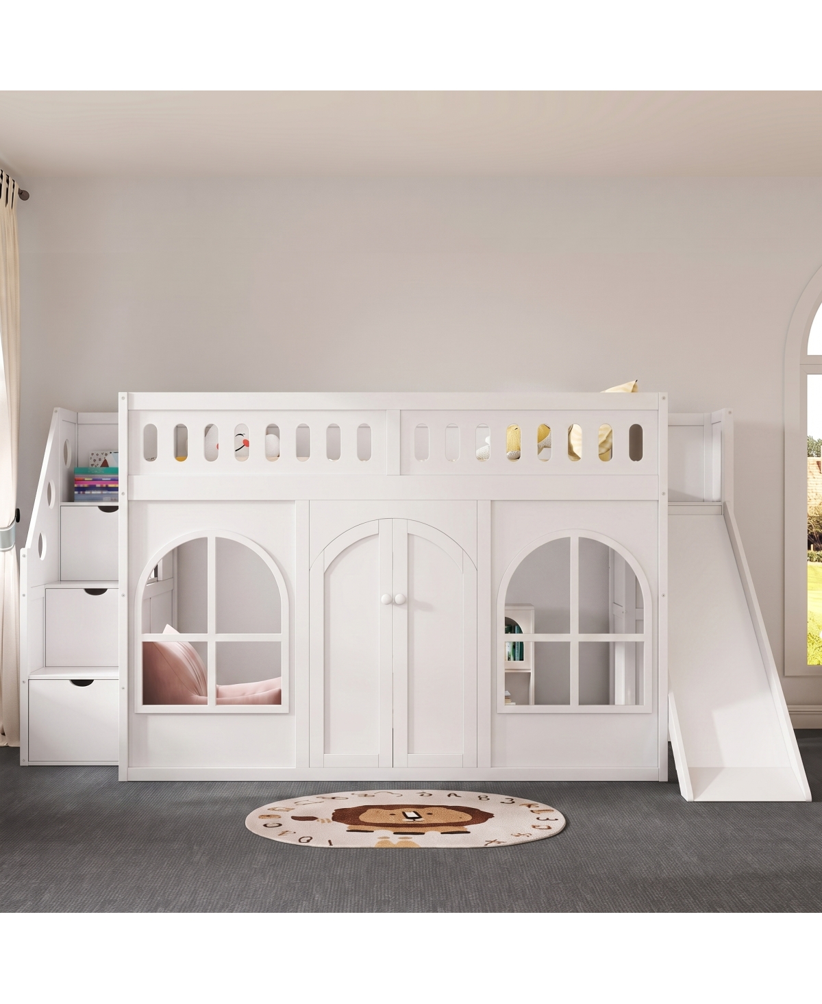 Streamdale Furniture Wooden Full Loft Bed with Slide Storage Stairs and Wardrobe