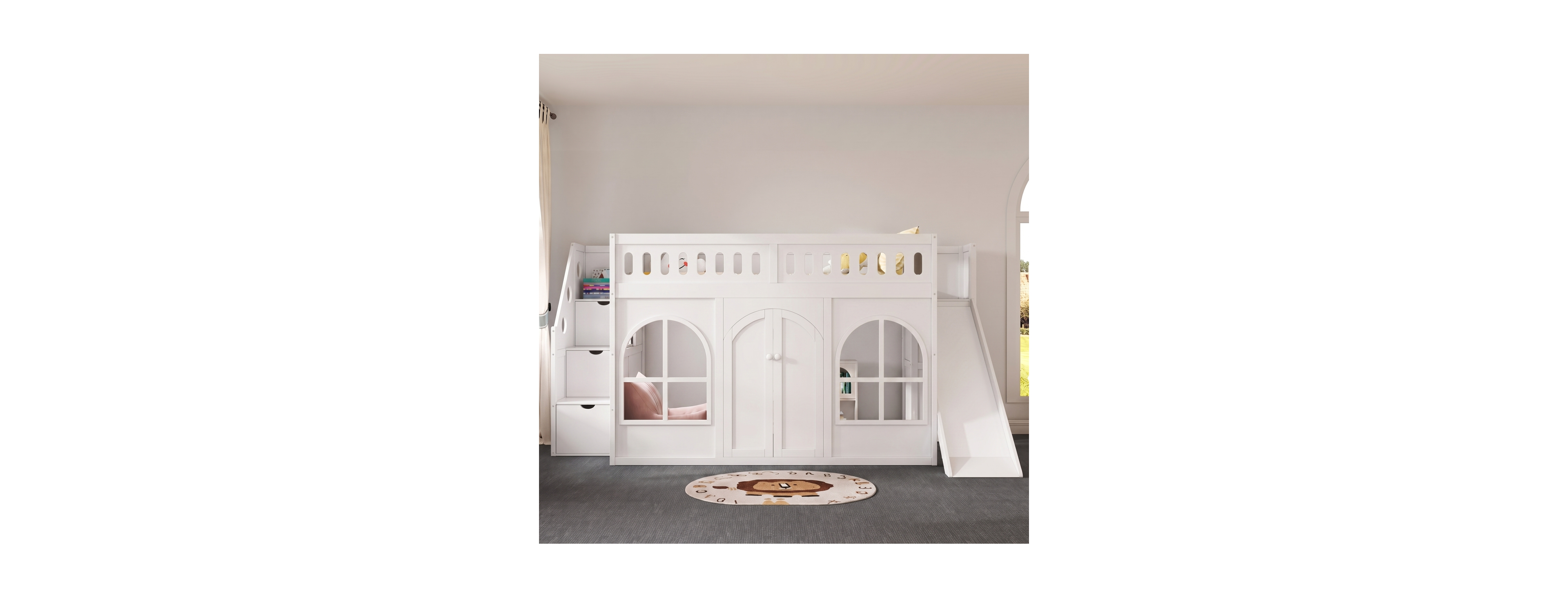 Streamdale Furniture Wooden Full Loft Bed with Slide Storage Stairs and Wardrobe