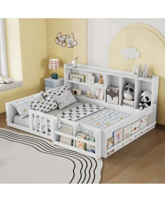 Kids Wooden Floor Bed with Guardrail, Shelves and Storage