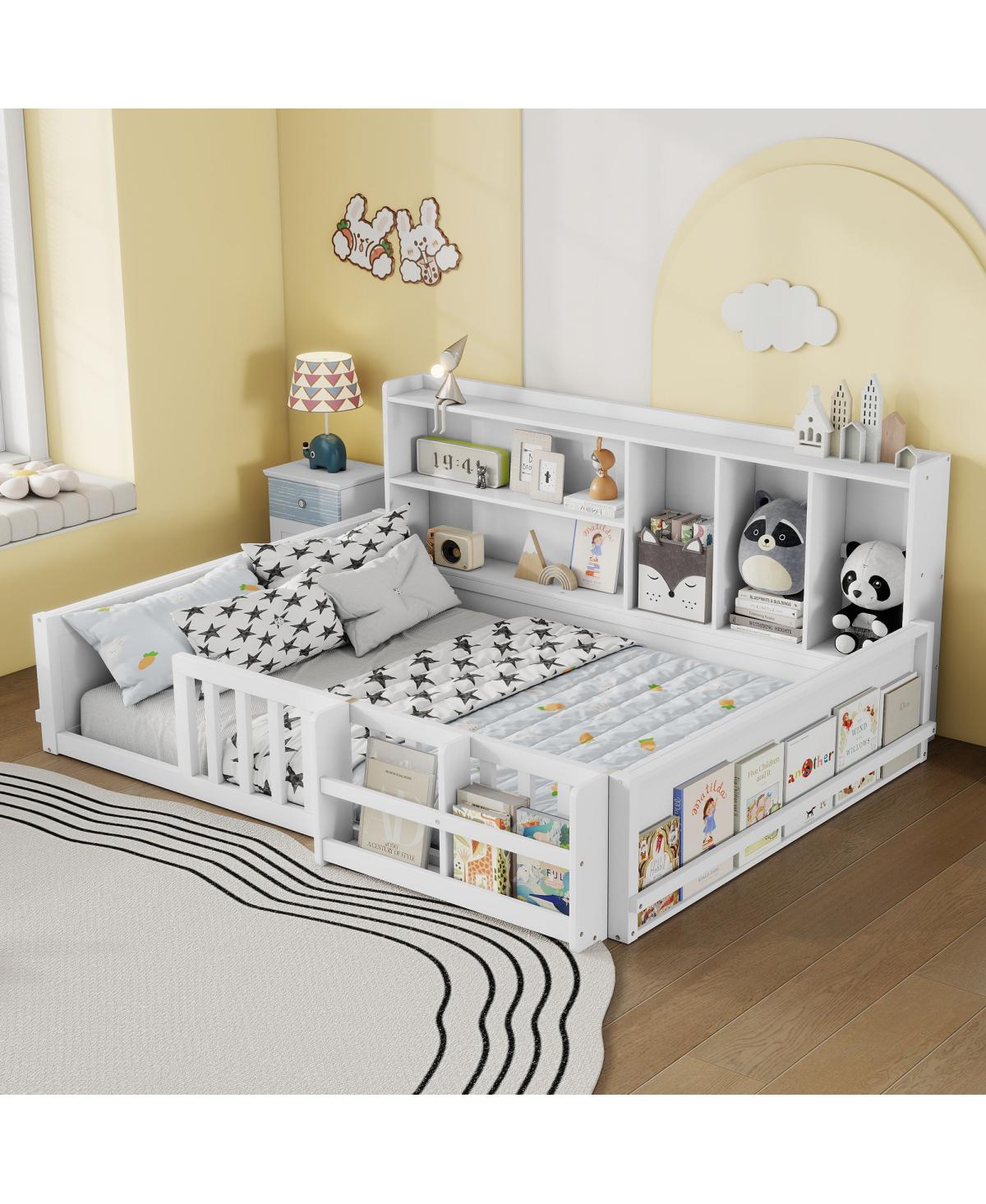 Streamdale Furniture Kids Wooden Floor Bed with Guardrail, Shelves and Storage