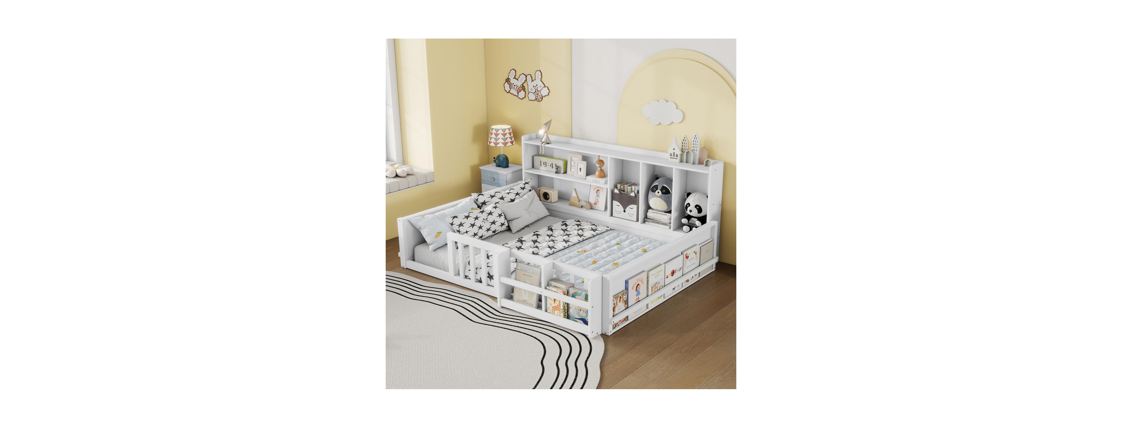 Streamdale Furniture Kids Wooden Floor Bed with Guardrail, Shelves and Storage