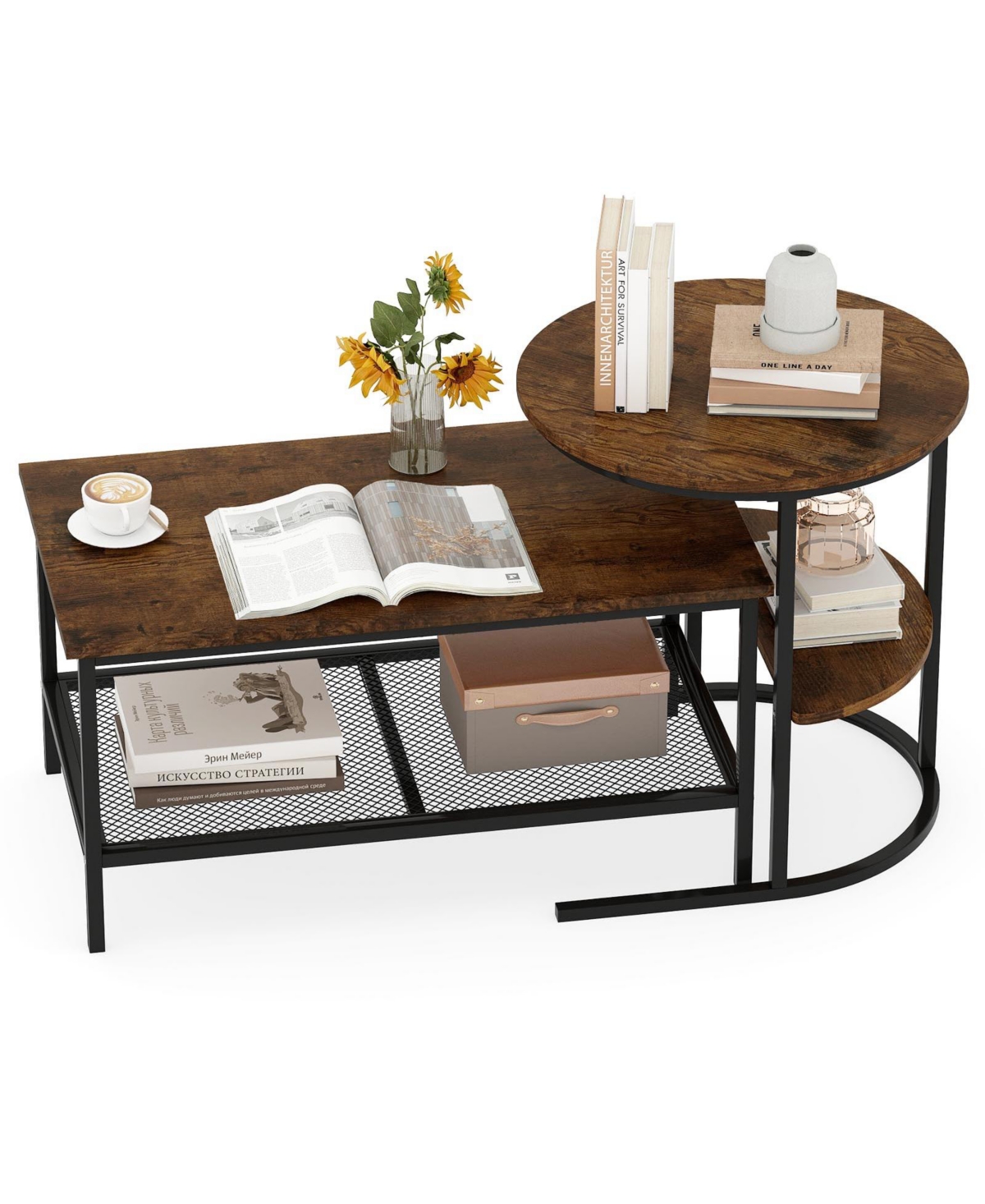 Mecale Coffee Table 2 Tier Rectangle and Side End with Storage Shelves