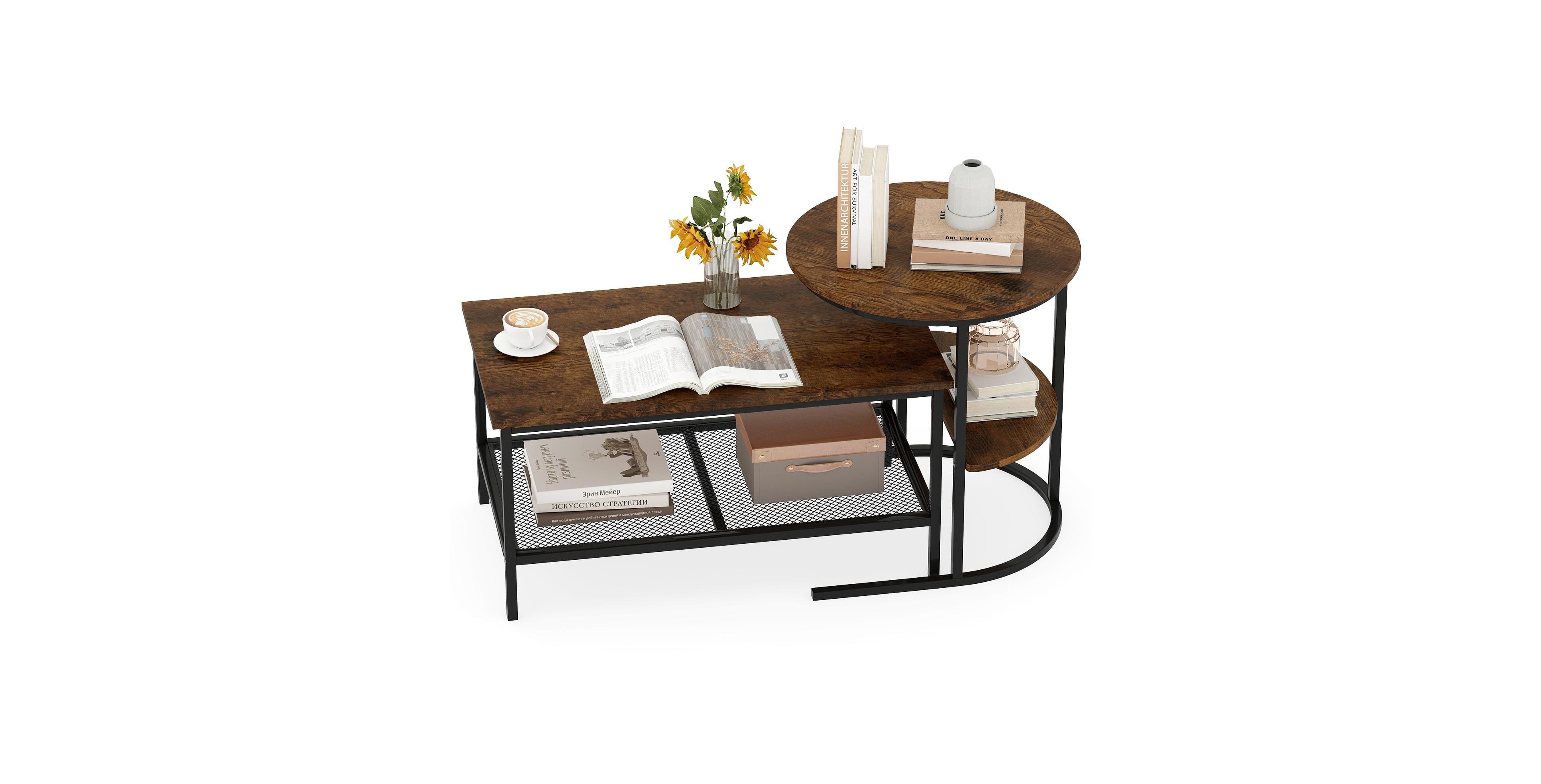 Mecale Coffee Table 2 Tier Rectangle and Side End with Storage Shelves