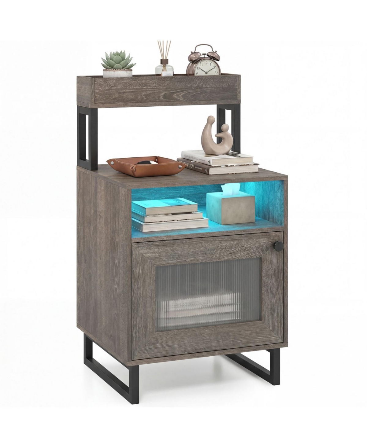 Mecale Nightstand with Led Lights Modern End Table Top Tray Open Compartment and Storage Cabinet