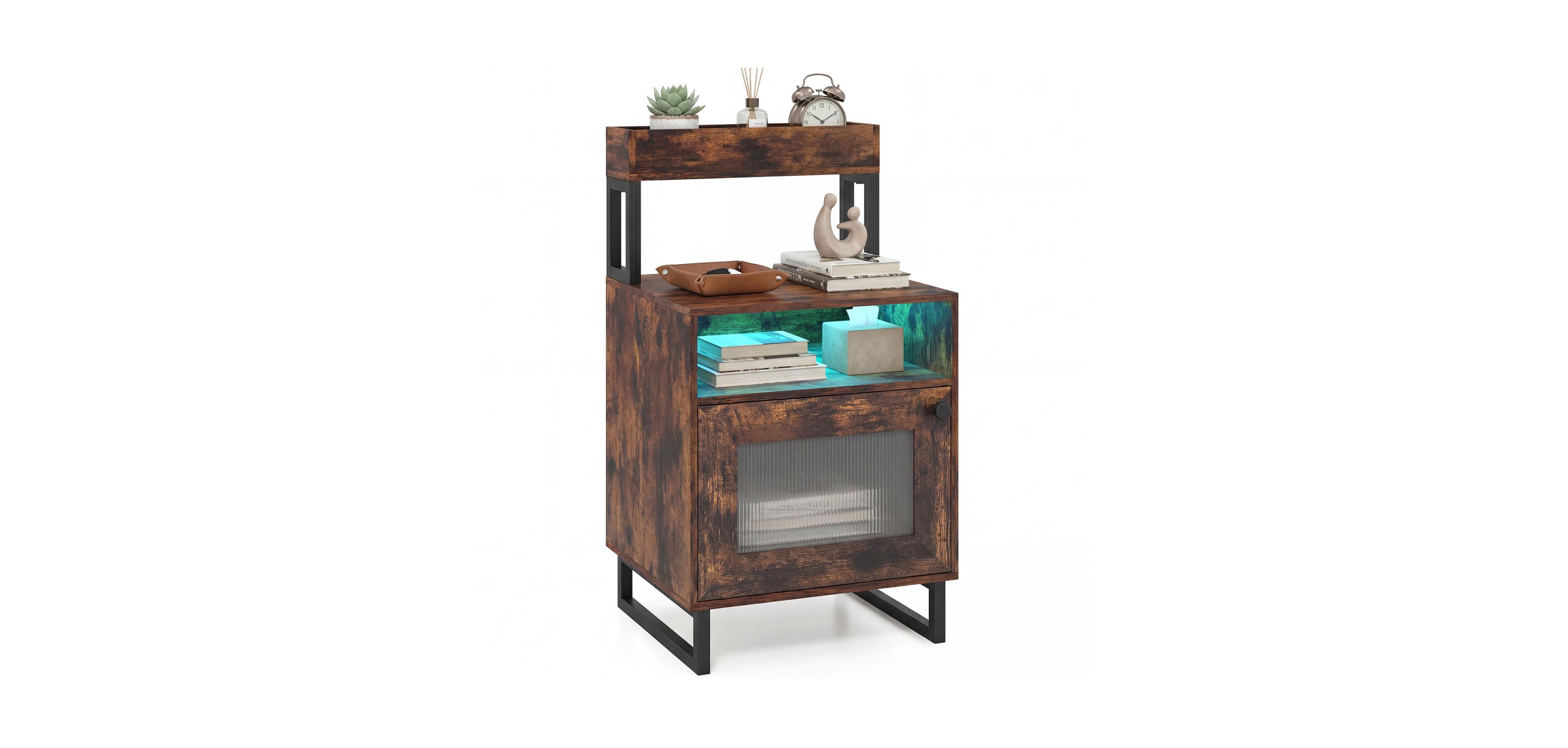 Mecale Nightstand with Led Lights Modern End Table Top Tray Open Compartment and Storage Cabinet