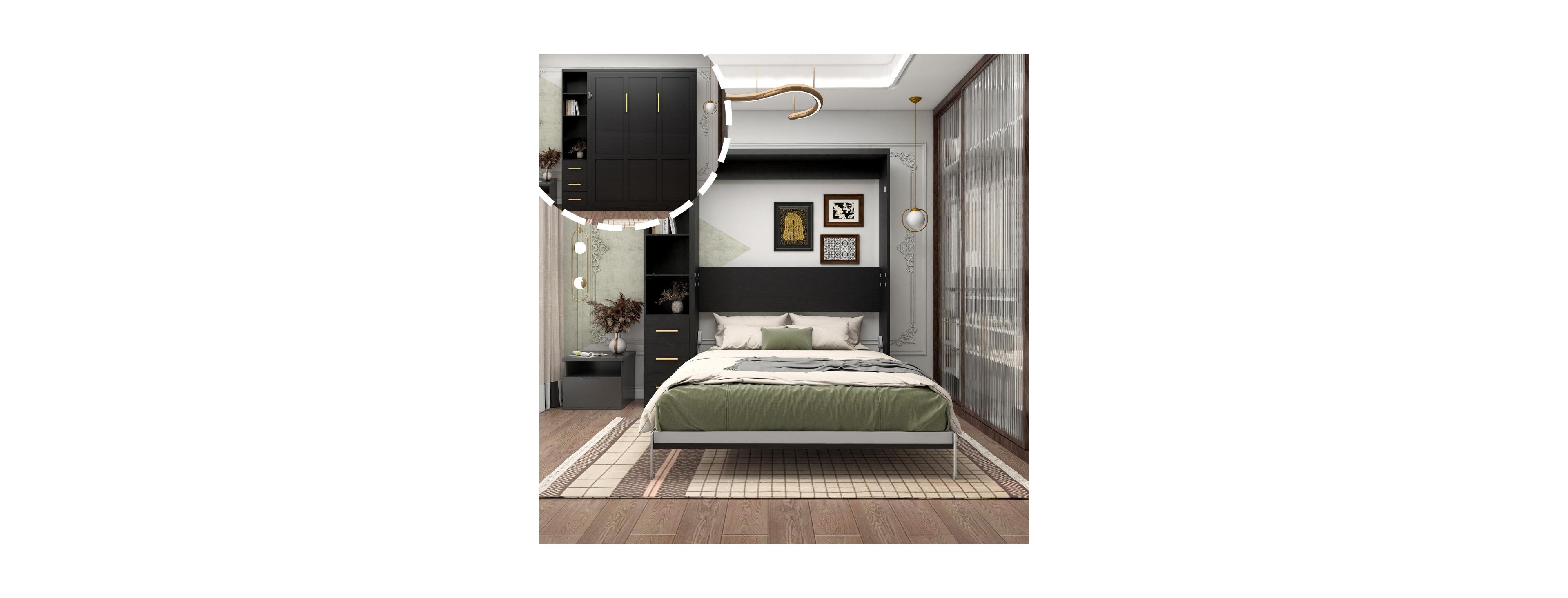 Streamdale Furniture Queen Murphy Bed with Storage, Shelves, and Automatic Leg