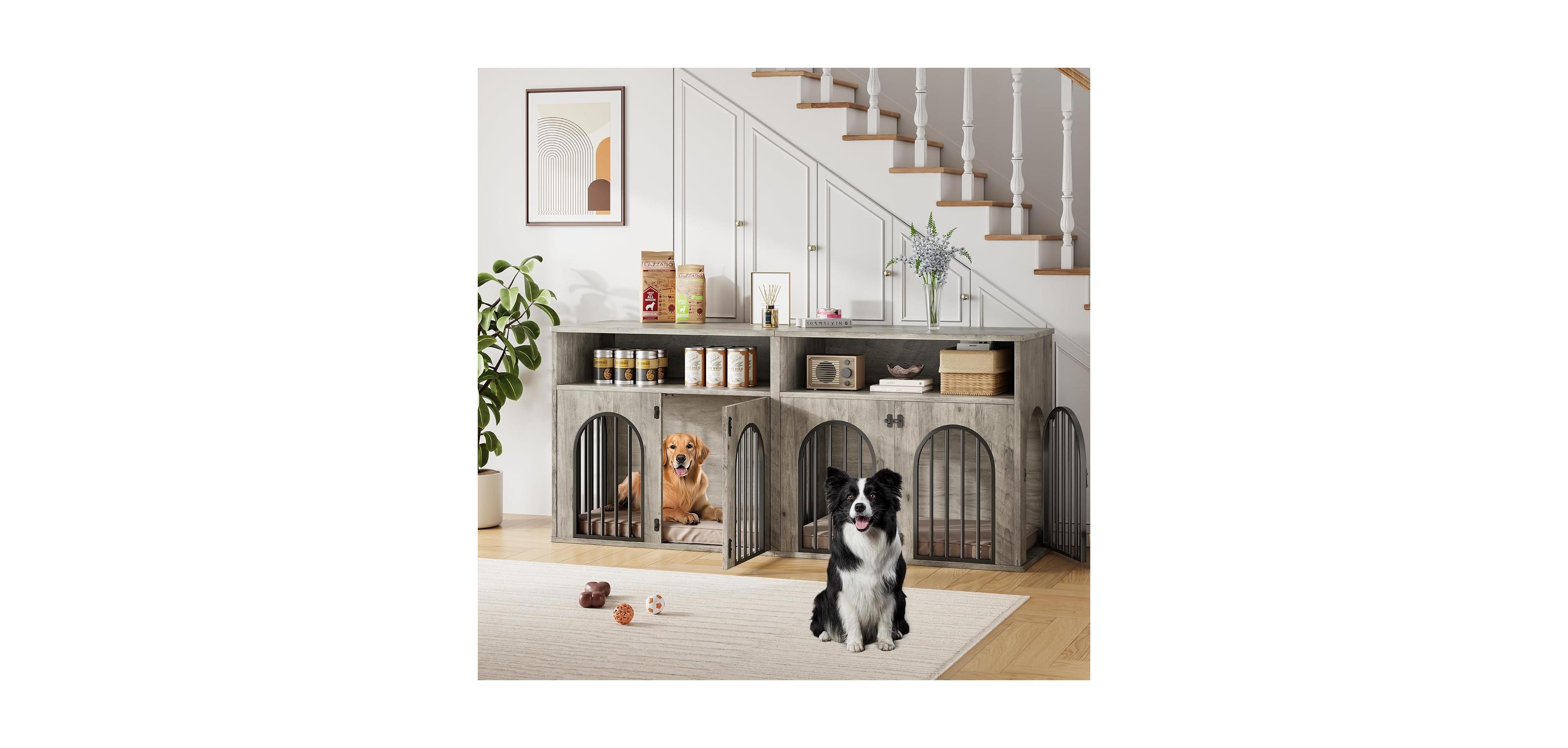 gaomon 78.7" Double Dog Crate Furniture, Dog Kennel with Storage| Wooden Dog Crate Tv Stand, Large Dog Kennel Furniture for 2 Medium/Large Dogs