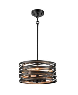 3-Light Farmhouse Chandelier with Wood Grain Finish Metal Drum Pendant Light Fixture
