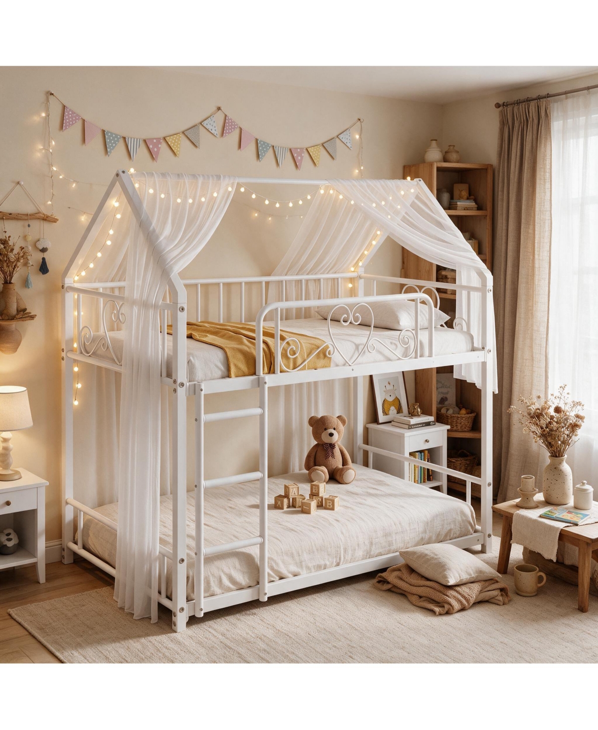 homfan Twin Over Twin Metal Bunk Bed, Heavy Duty Steel Frame with Safety Guardrails and Space-Saving Design, for Bedroom Dormitory