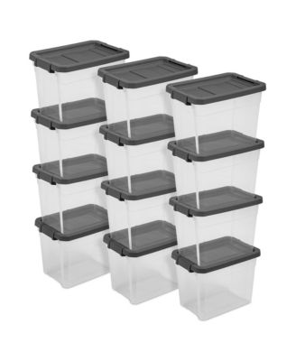 30 Qt Clear Plastic Stackable Storage Bin w/ Grey Latch Lid, 12 Pack