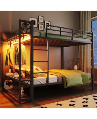Full Size Metal Bunk Bed with Storage, LED Lights