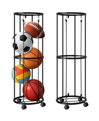 Rolling Vertical Basketball Ball Rack Wall Mount Mobile Sports Storage Holder