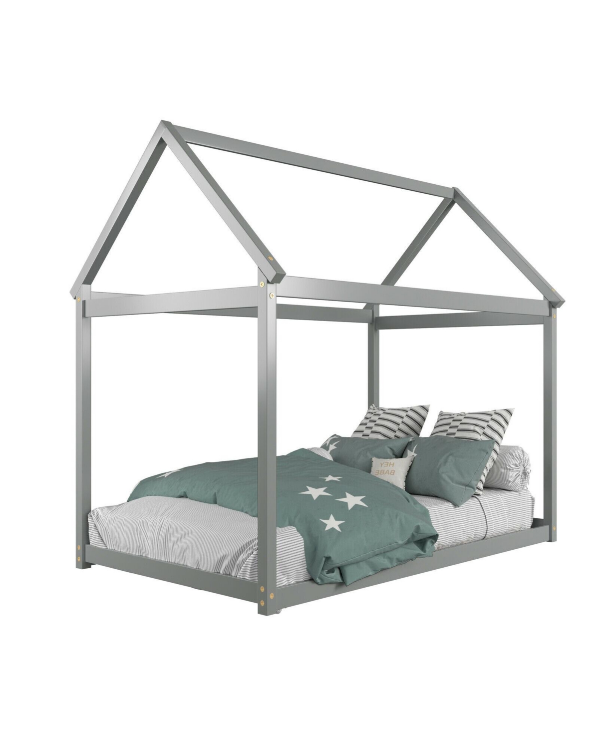Mecale Stable Kids Platform Floor Bed with Roof and Heavy Duty Slats Espresso