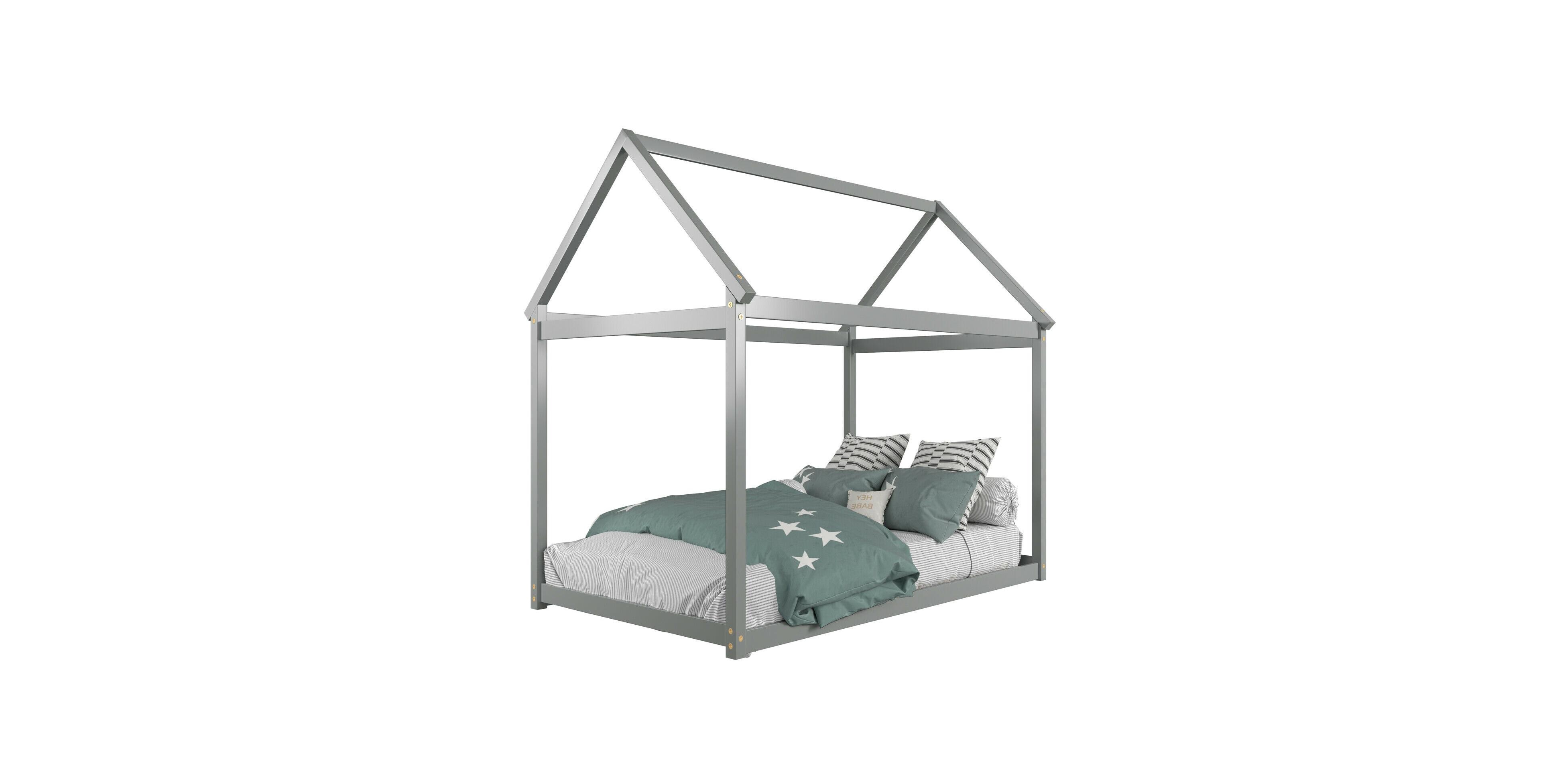 Mecale Stable Kids Platform Floor Bed with Roof and Heavy Duty Slats Espresso