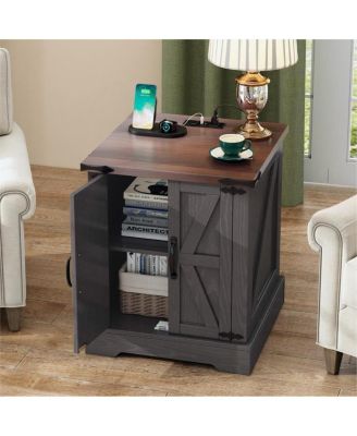 Farmhouse End Table with Charging Station and Barn Doors