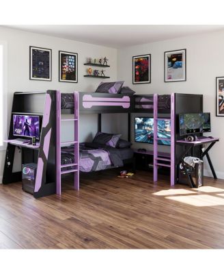 L-Shaped Triple Twin Wooden Gaming Loft Bed with RGB Lights and TV Stand