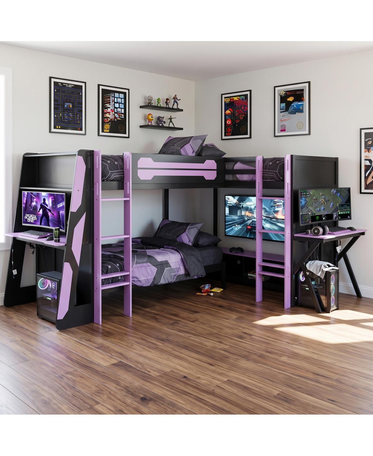 Streamdale Furniture L-Shaped Triple Twin Wooden Gaming Loft Bed with Rgb Lights and Tv Stand