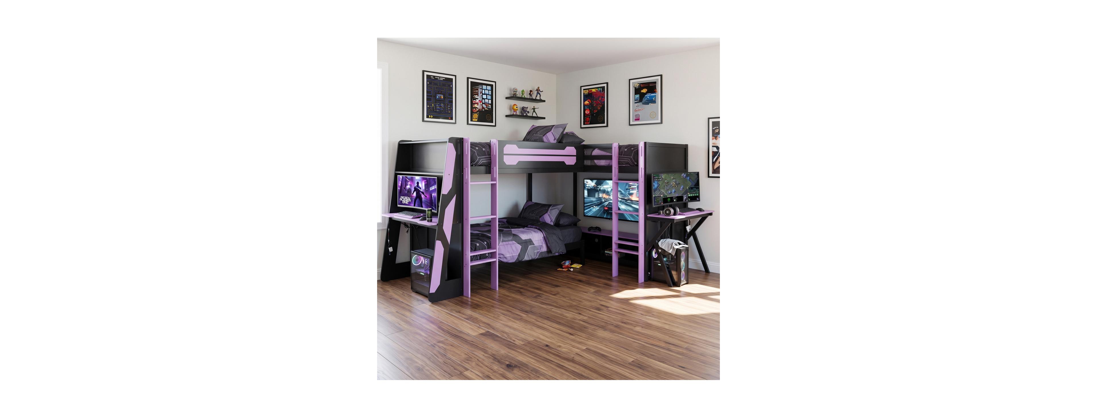Streamdale Furniture L-Shaped Triple Twin Wooden Gaming Loft Bed with Rgb Lights and Tv Stand