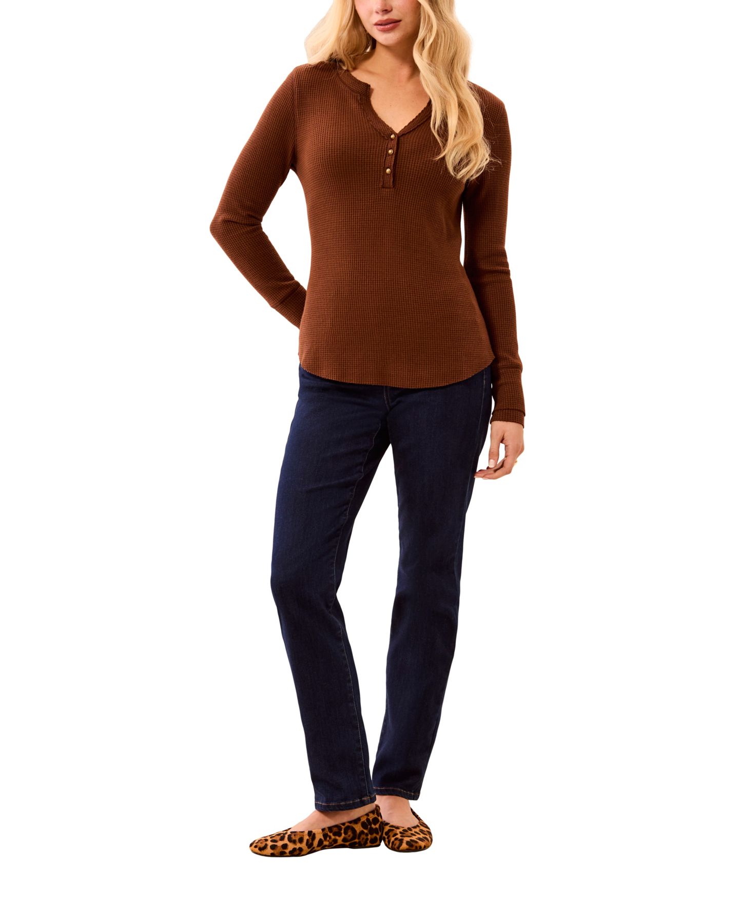 Женский топ TRIBAL Brushed Waffle Knit Henley Long Sleeve, цвет: Шоколадный — фото 2