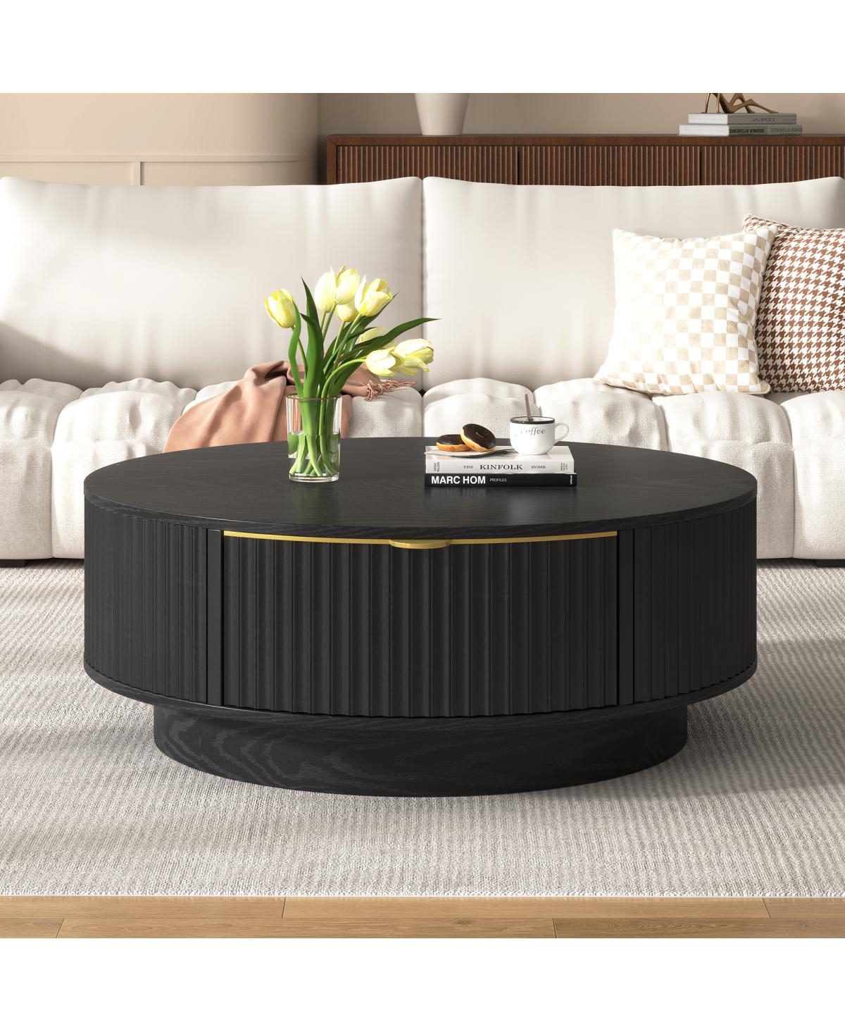 Streamdale Furniture Fluted Round Farmhouse Coffee Table with Storage Drawer