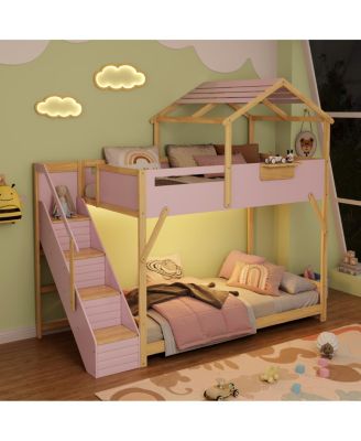 Twin over Twin House Bunk Bed with Stairs and 3-Color LED Lights