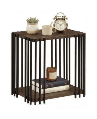 Rubber Wood Side Table with 2 Layer Storage Shelves and Metal Frame