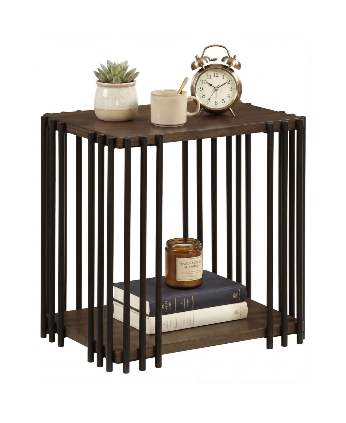 Mecale Rubber Wood Side Table with 2 Layer Storage Shelves and Metal Frame